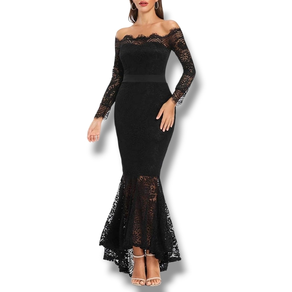 LALAGEN - XXL Floral Lace Long Sleeve Off Shoulder Mermaid Dress Black - Picture 2 of 13